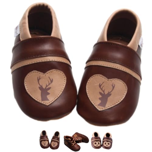 Gipfli Zapatos de gateo de piel con ciervo marrón. Zapatos suaves para aprender a andar con suela de ante antideslizante, marrón, 16/17 EU