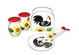 ACK Tuscany Red White Sunflower Rooster Hand Painted, 4pc Stove Top Set, Napkin,Salt, Pepper and Spoon Rest, 86825/28