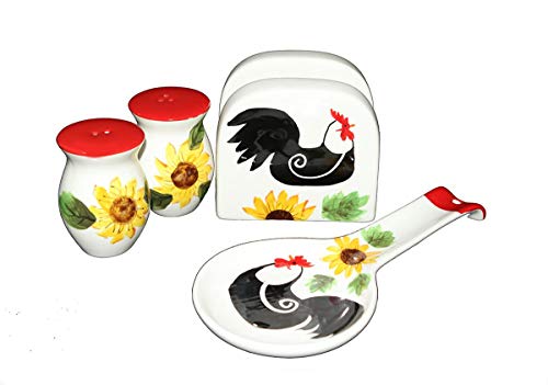 ACK Tuscany Red White Sunflower Rooster Hand Painted, 4pc Stove Top Set, Napkin,Salt, Pepper and Spoon Rest, 86825/28