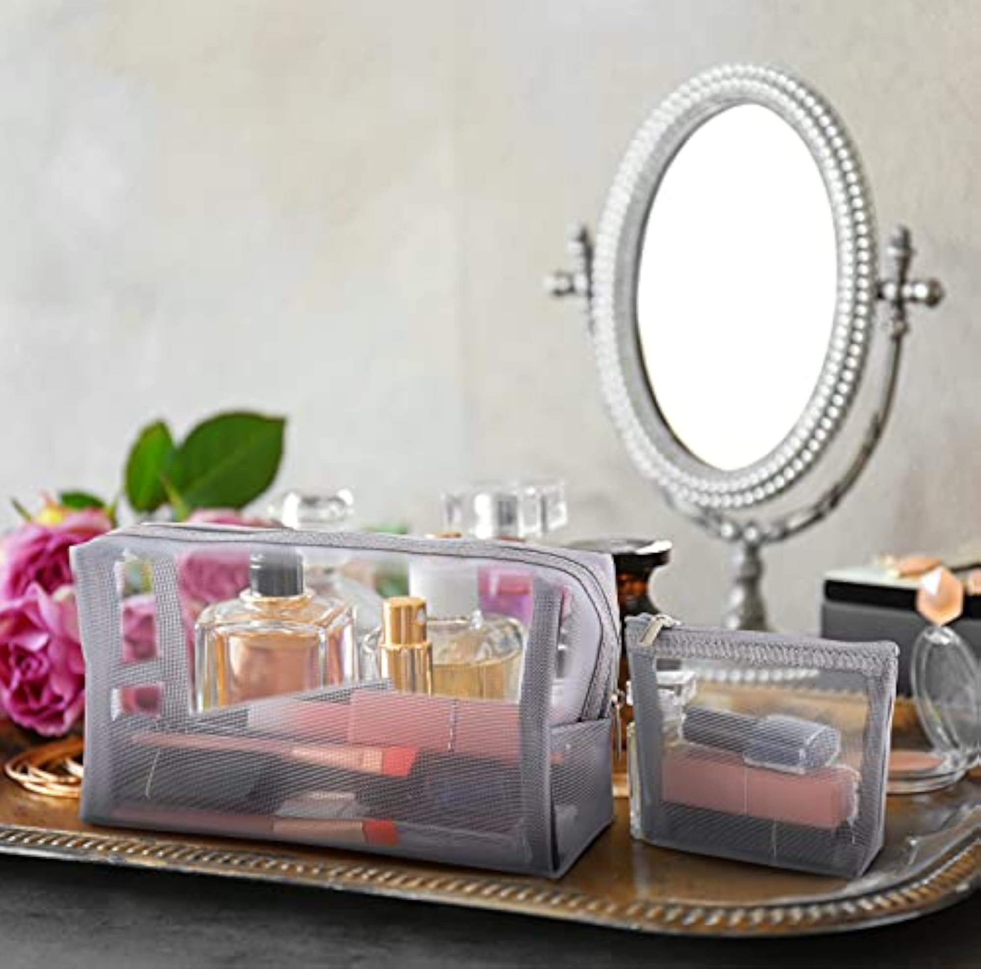 3 Piece Mesh Cosmetic Bag Set, Grey