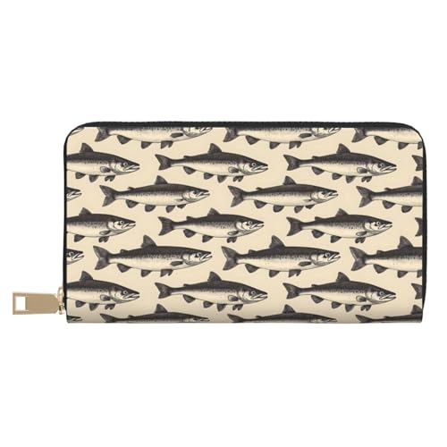 Leather Thin Slim Wallets for Women Men - Fashion Realistic Hand-Drawn Fish Print Card Wallet Holder with Zipper