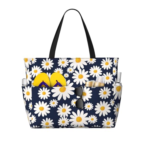 Daisy Floral Large Beach Bag Waterproof Sandproof Swim Tote Pool Bag For Women With Zipper
