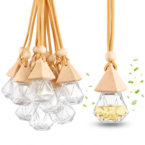 Image of Nibbler Empty Hanging Diffuser Bottle with Wooden Cap & Rope | Refillable Air Freshener Glass Bottle for Essential Oils, Fragrance & Car Freshener, Car, Home, Office & Wardrobe (10, Pyramid)