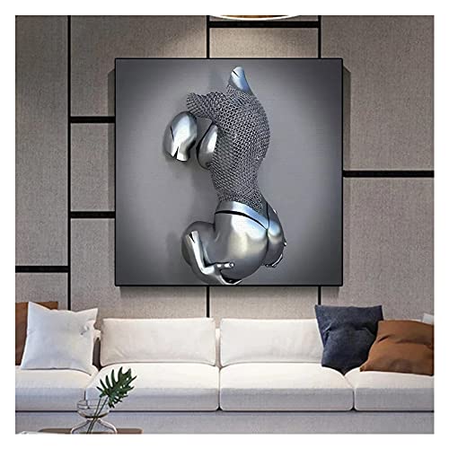 YOGANHJAT Liebe Herz 3D-Effekt Wandkunst, Abstrakte Stahldraht Metallfigur Skulptur Paar Hängende Malerei HD-Druck Leinwand Malerei Kern Verwendet für Heim Wohnzimmer Dekoration,C,100x100cm(39.3in) Cover