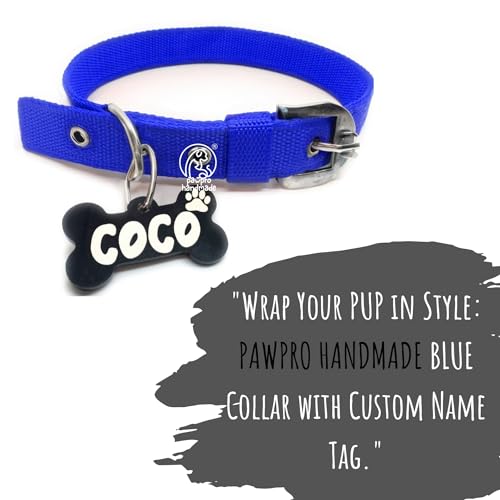 Image of PawPro Personalized Dog Collar with Name Tag, Soft Nylon Pet Collar with Custom Bone Shape ID Tag, Adjustable Dog Neck Belt with Stainless Steel Buckle for Small, Medium & Large Dogs (Blue, Small)