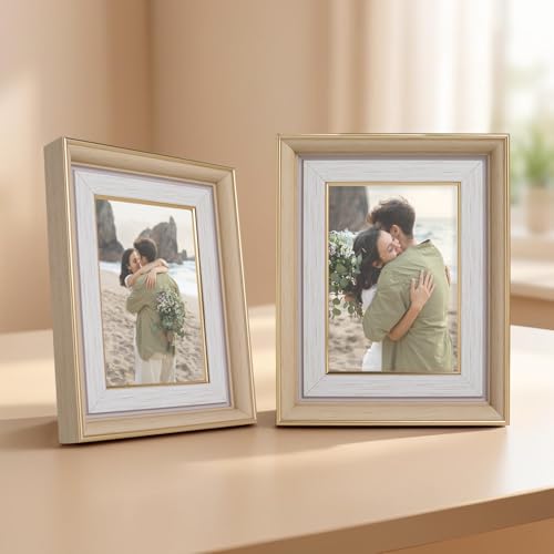 Image of GOLDEN PEACOCK Set of 2 Antique Gold and White 5x7 Inch Photo Frames | Elegant Wall & Tabletop Picture Frames for Home Decor and Luxury Gifting