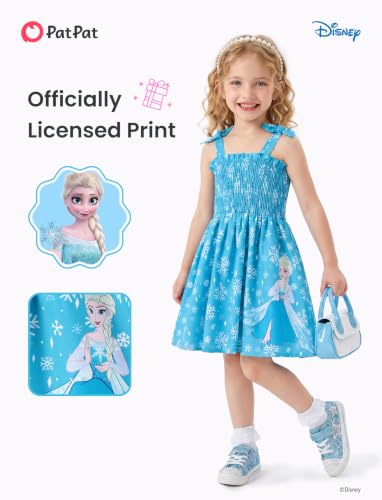 Image of Disney Princess Frozen Elsa Minnie Stitch Toddler Girl Dress Bow Tie Straps Smocked Summer Outfit Birthday Party Clothes 2-9Y