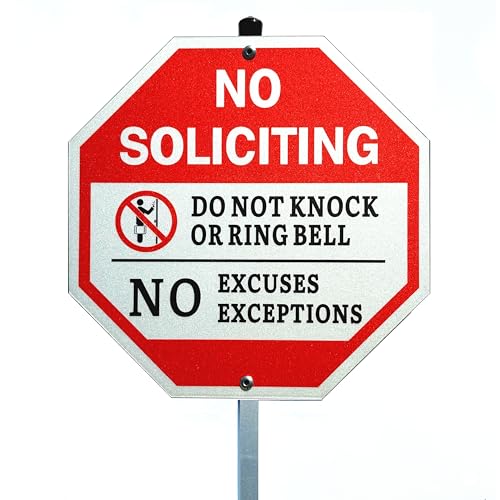 Poicrm No Soliciting Sign for House with Stake -All Metal Construction No Soliciting Sign- 40 mil Thick Aluminum - 10x10 Inch/28 Inch High - Outdoor Yard Sign for Home and Front Door