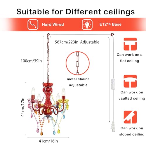 Alighting Plug in Chandeliers, 4-Light Colorful Small Acrylic Crystal Hanging Ceiling Lamp with 20ft Cord, No Hardwire, Colorful Chandeliers for Kids' Bedroom, Playroom, or Party Space