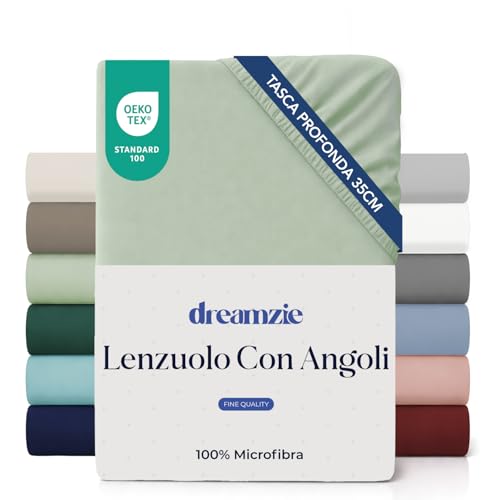 Dreamzie lenzuola con angoli Matrimoniale 160 x 200 cm - Angoli da 35 cm per Materassi Spessi - 100% Microfibra - Verde Chiaro, Certificato senza Prodotti Chimici (Oeko-TEX)