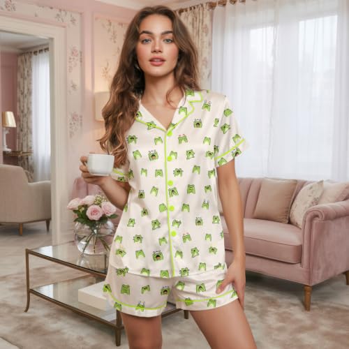 Image of Women's Satin Pajamas Set, Short-Sleeve Button Down Loungewear