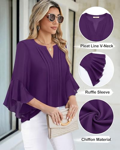 Image of Timeson Women's Short Sleeve V Neck Blouses Shirts Floral Double Layers Mesh Tunics Tops