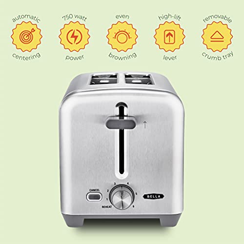 Product Image 6: BELLA 2 Slice Toaster, Quick & Even Results Every Time, Wide Slots Fit Any Size Bread Like Bagels or Texas Toast, Drop-Down Crumb Tray for Easy Clean Up, Stainless Steel