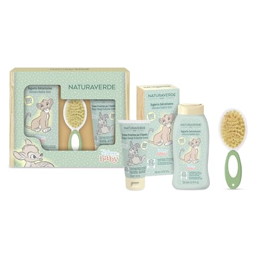 Naturaverde Bio Baby | Bio Disney Baby Bagnetto Delicatissimo 200Ml + Crema Protettiva Per Il Cambio 100Ml + Spazzola Capelli - Set Delicato Per La Cura E Il Bagnetto Del Bambino - 3