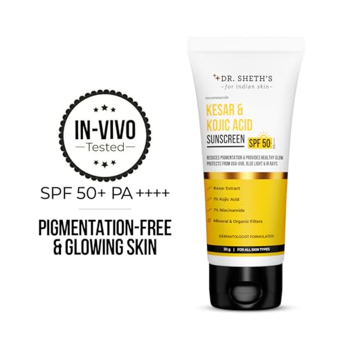 Image of Dr. Sheth's Kesar & Kojic Acid Sunscreen SPF 50+ Pa++++ |In-Vivo Tested | For Pigmentation-Free Skin | Lightweight & Non Greasy | For UVA /UVB & Blue Light & IR Protection | No White Cast | For All Skin Types | For Men & Women | 30 g