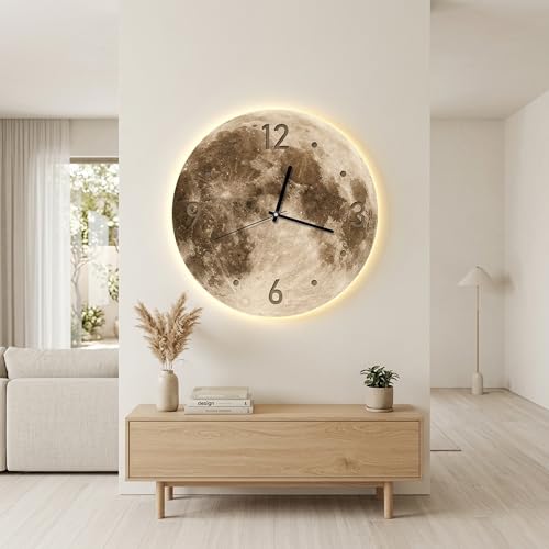 nunoaieo 20-Inch 3D Moon Clock - Night Light Wall Clock for Bedroom with Dimmable USB LED Backlight Silent Non-Ticking Battery Operated Movement Modern Ambient Decor for Living Room (Black Numbers)
