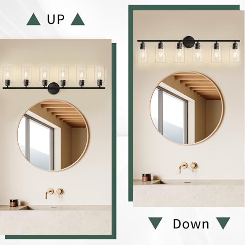 Image of 6 Lights Bathroom Vanity Light Fixtures Matte Black,Rustic Farmhouse Vanity Lighting Over Mirror Modern Industrial Lamp with Cylinder Glass Shade UL Certified