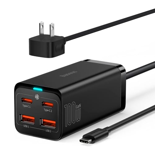 USB C Charger, Baseus 100W PD GaN3 Fast Wall Charger Block, 4-Ports [2USB-C + 2USB] Charging Station with 5ft Extension Cord for Steam Deck, MacBook Pro, iPhone 15/14/13, Samsung Galaxy, etc