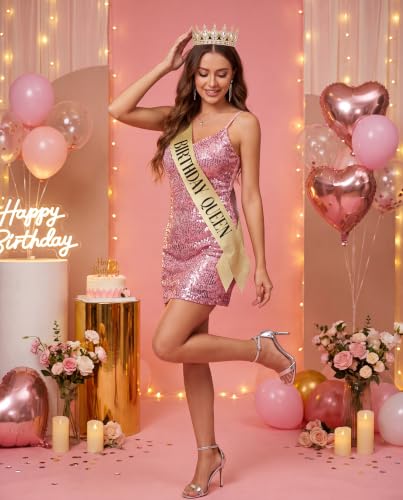 Image of Fesciory Birthday Crown for Women, Gold Plated Crystal Tiara with Sash