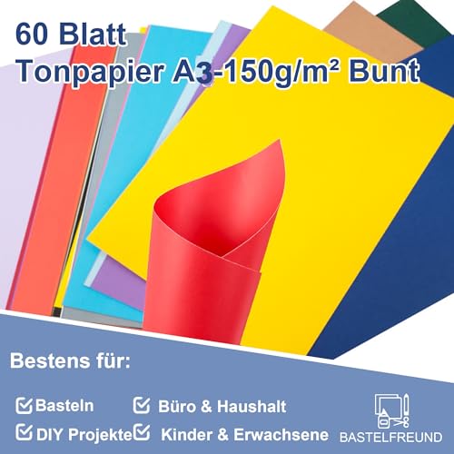 Taiyeestar 60 Blatt Tonpapier A3 Bunt in 30 Farben, 150 g/m² Tonzeichenpapier A3, Buntes Papier, Bastelpapier Bunt, Tonkarton, Farbiges Papier für Origami und Bastelprojekte