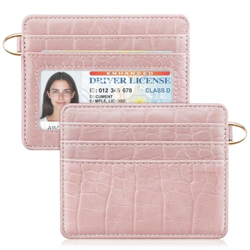 Image of Slim Credit Card Holder Crocodile Wallet Women Thin Wallets | Alligator Print RFID Blocking Minimalist Lightweight Pocket Small Cute Cards Holders ID Window, Pink Croc