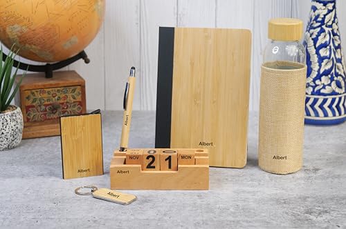 Image of Personalised 6 in 1 Corporate Gift Set which Includes Diary,Keychain, Bottle, Pen,Cardholder & Pen Holder. Bamboo Gift Set for, Employee of The Month, Corporate Gift for Clients.