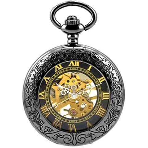 Ddjbdb Hand-Wind Mechanical Mens Pocket Watch with Chain Transparent Roman Numerals Pocket Watches Gift Box for Him Husband Son Dad Father (Black) Cover