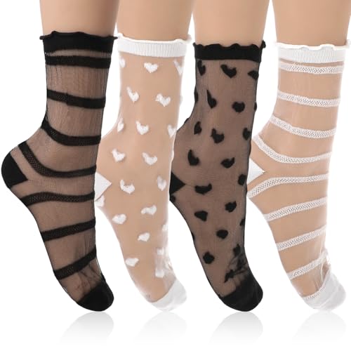 4 Pairs Sheer Socks, Lace Heart Socks Black Ruffle Ankle Sock for Women Transparent Heart Stripe Stocking Mesh Lace Hollow Stockings Thin White Stripe Sock for Summer Breathable Elastic - Main Image