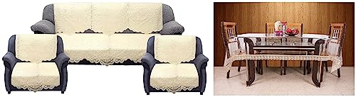 Image of Kuber Industries Premium Sofa Cover|Chikankari Cotton Fabric|6 Pieces Cotton 5 Seater Sofa Cover Set (Cream) PVC 6 Seater Transparent Dining Table Cover (Gold)