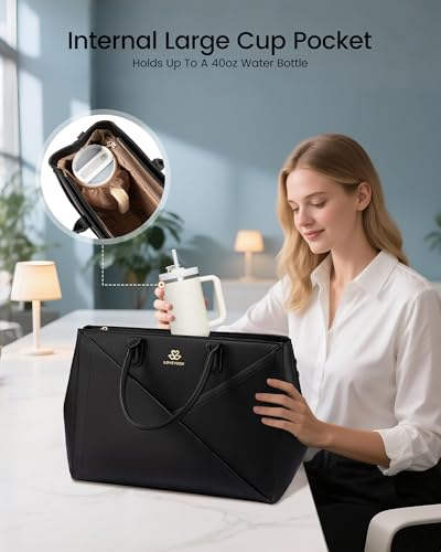 Image of LOVEVOOK Laptop Work Tote Bag for Women with Large Cup Holder, 16 Inch | Computer Bags Business Office Briefcase Handbag, Teacher Tote Bag, Double Laptop Protection, PU Leather, Large Capacity