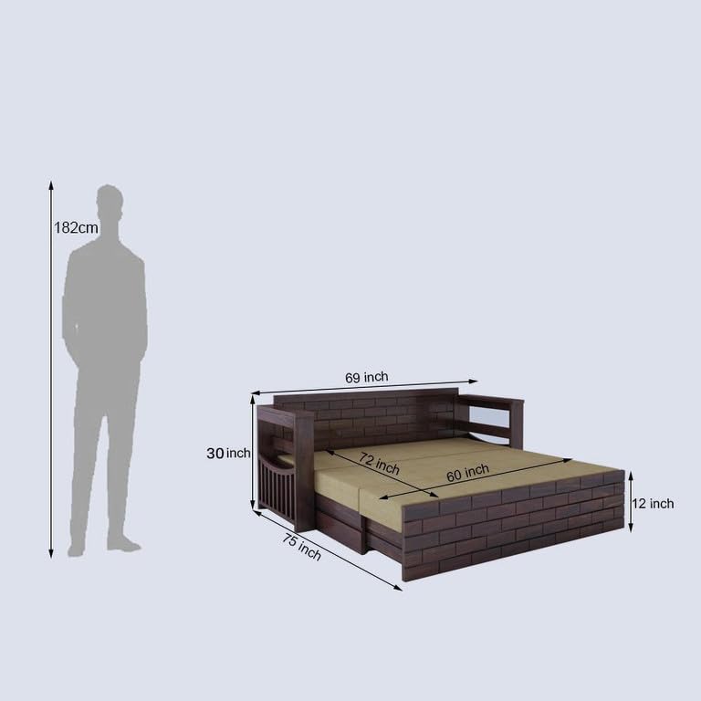 Image of Solid Sheesham Wood Sofa Cum Bed 3 Seater | Wooden Foldable Double Bed for Living Room with Headboard & Storage | Bed Cum Sofa with Mattress for Bedroom Furniture (Walnut Finish)