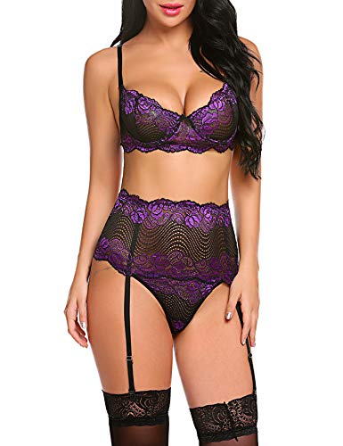 Avidlove Women Lace Lingerie Set with Garter Lace Teddy Bodysuit 2 Piece Lingerie