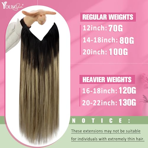 Image of YoungSee 135G Wire Hair Extensions Real Human Hair Ombre, 20 Inch Balayage Human Hair Wire Extensions, Dark Roots to Medium Brown with Blonde, Fish Line Hair Extensions for Women