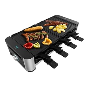 Cecotec Raclette Cheese&Grill 16000 Inox Black, 8 Personen, 1400 W Grill, 40 x 22 cm, einstellbares Thermostat, Antihaft-Grillplatte, inklusive 8 Pfannen und 8 Spatel.