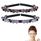 Ymapinc 2Pcs Flower Crystal Headband with Clips, Bangs Hairstyle Hair Clip Headband, Professional Weave Bangs Head Band with Clips, Double Layer Toothed Hairband Braid Tool for Women Girls