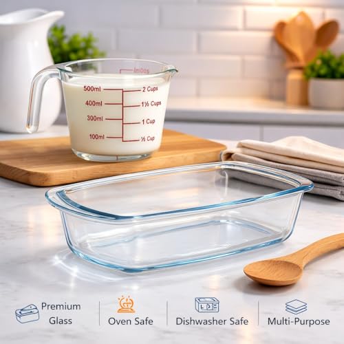 Image of PUREFIT Glass Measuring Cup 350ml & Loaf Pan 1800ml Set | Borosilicate Glass | Microwave, Oven, & Dishwasher Safe | Non-Toxic, Easy to Clean | Ideal for Cooking and Baking