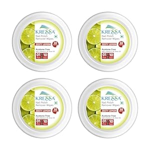 Kressa Nail Polish Remover Wipes – Acetone-Free, Travel-Friendly, Nourishing Formula for Effortless Removal (Zesty Lemon, Pack Of 4)