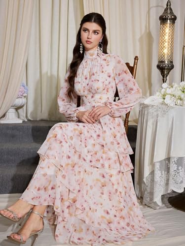 Image of TOLEEN Summer Casual Dresses for Women 2024 Spring Fashion Boho V Neck Long Sleeve Ruffle Floral Print Elegant Maxi Dress