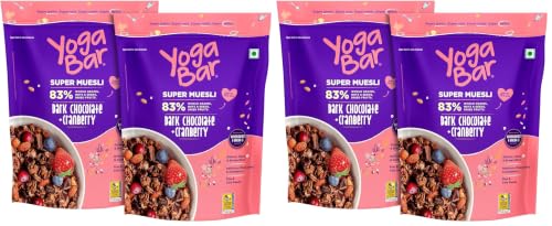 Image of Yogabar Wholegrain Breakfast Muesli 900g (450g x 2), Dark Chocolate Cranberry, 25% Dry Fruits, Nuts and Seeds | Healthy Breakfast Cereals | Gluten Free | Healthy Food for Breakfast | Protein Rich