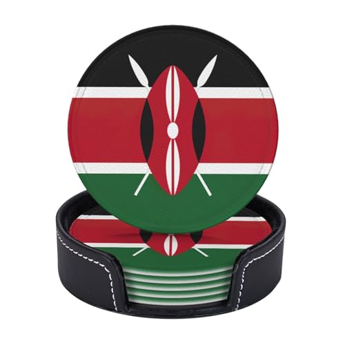 Lot de 6 sous-verres ronds en cuir synthétique avec support, motif drapeau du Kenya