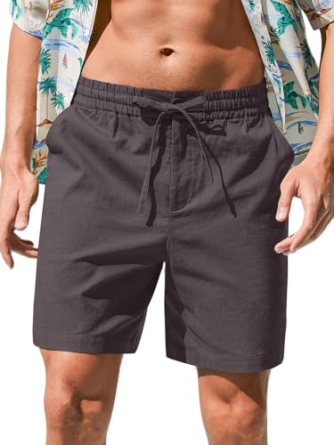 Image of RQP Mens Cotton Linen Shorts Casual Drawstring 7inch Inseam Shorts Stretch Summer Beach Wear