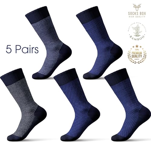 SOCKS BOX, Men’s Bamboo Dress Socks With Gift Box, Patterned, Premium Quality (5/10 Pairs+Gift Box+Gift)