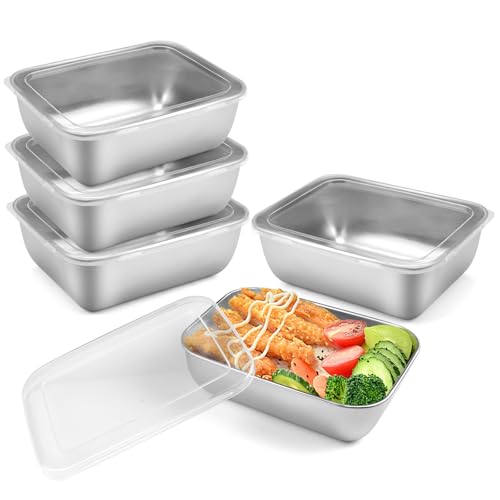 Lot de 5 Boîtes de Conservation avec Couvercle 18x13x5cm Boite Alimentaire Inox, Boite Hermetique Réutilisables Boite Inox Alimentaire pour Fromages, Fruits, Salades