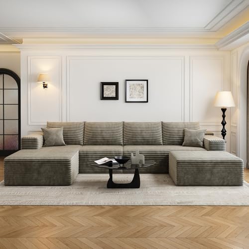 Image of 135.4 inch Cloud Modular Sectional Couch with 1 Ottoman,Modern Minimalist Upholstered Couches, Comfort U Shaped Sofa for Living Room,Deep Seat Corner Couch,No Assembly Required (Camel,Left Facing Chaise)