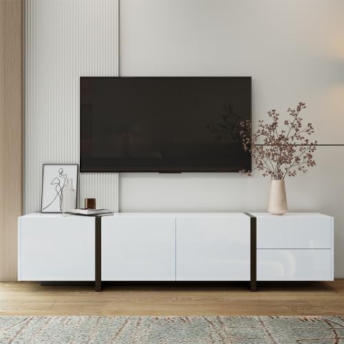 Merax 170cm High Gloss TV Stand Cabinet, Modern TV Unit with 3 Doors, 1 Drawer, LED Lighting, and Contrasting White Legs