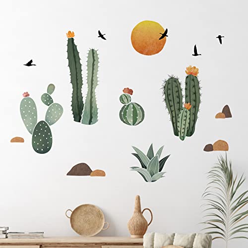 Yovkky Boho Cactus Wall Decals Stickers, Bohemian Sun Cacti Botanical Home Bedroom Decor, Tropical Green Plant Bird Living Room Kitchen Decorations Art #TOP5