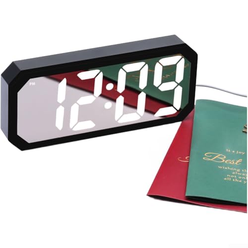 PureBowlic Reloj despertador digital con espejo LED grande para visualización de temperatura, calendario, brillo de 3 niveles, formato 12/24 horas, fácil configuración, reloj de mesita de noche para