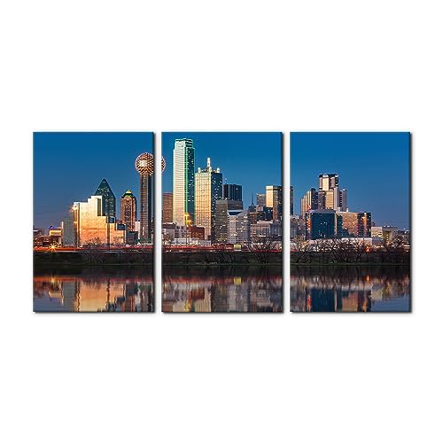 Pacimo Cityscape Wall Art Set of 3 - Dallas Cityscape Skyscrapers Night Scene - Perfect for Modern Home Decor - Ideal Wall Decor for Living Room Bedroom Bathroom and Office (16"x24"x3)