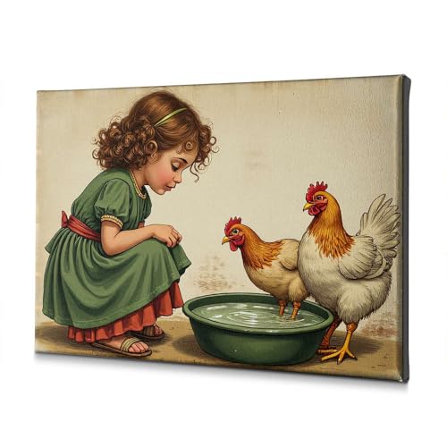 Toile fille robe verte nourrissant les poulets pour salon cosy WTD
