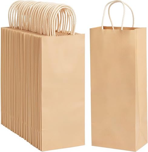 excvalues Kraft Paper Wine Bags 5.6x3.4x13 100Pcs Recyclable Bulk Brown Wine Bag Gift Tote Bottle Bag Retail Tumbler Bag With Handles for Business Gift Wrap Party Christmas Thanksgiving(Brown)